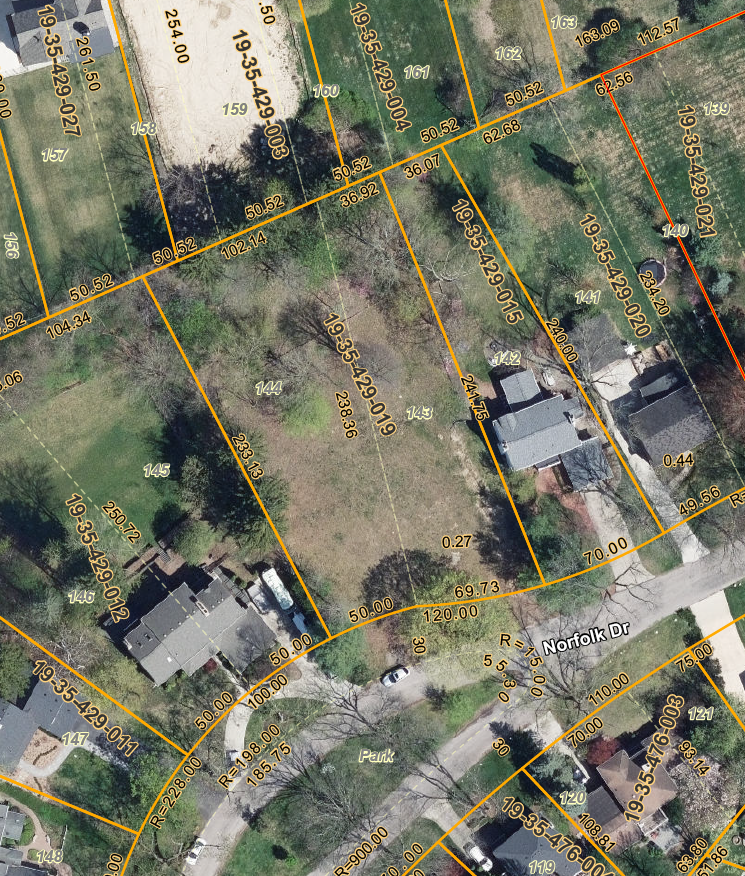 Current aerial view of 1450 Norfolk Street with parcel boundaries, lot numbers and dimensions