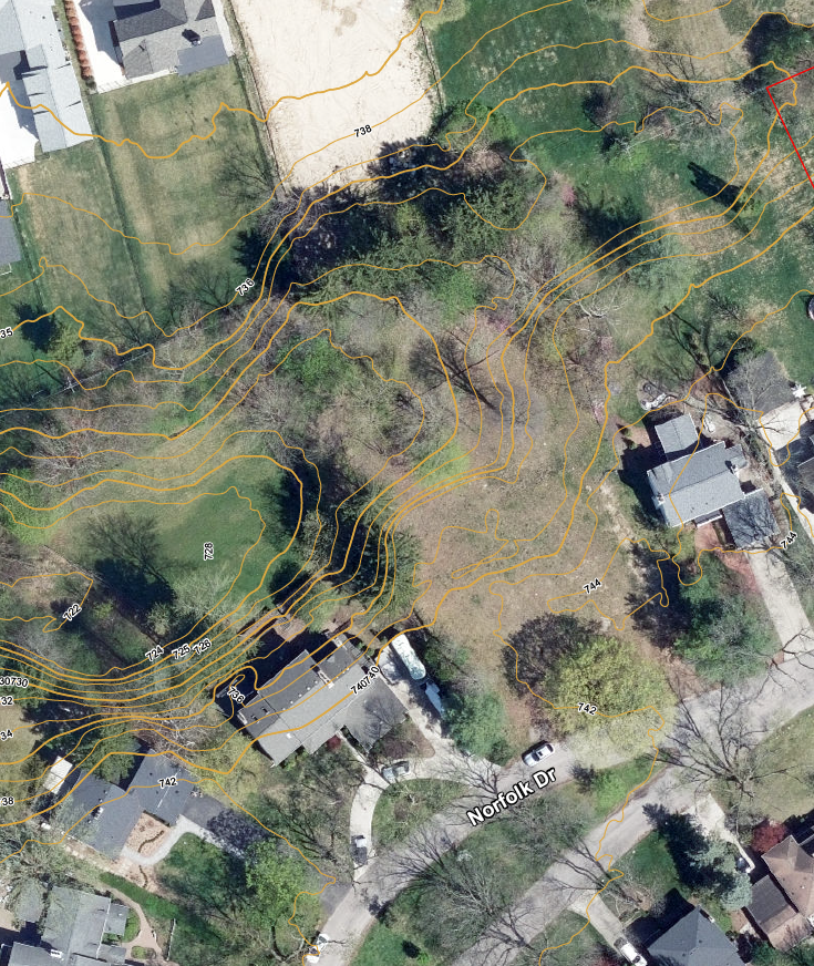 Current aerial view of 1450 Norfolk Street with 2-foot and 5-foot elevation contours